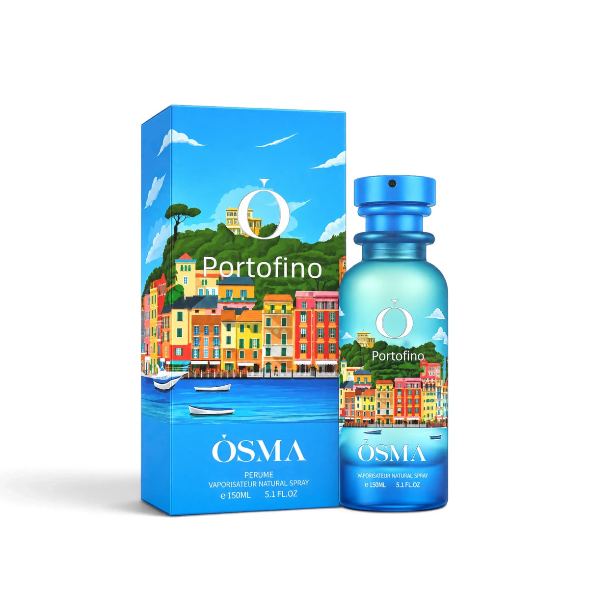 Soghaat Osma Portofino 150ml Eau de Parfum bottle and box featuring a vibrant coastal Italian village illustration.
