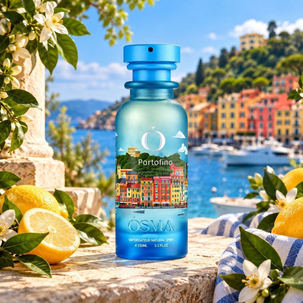 Soghaat Osma Portofino 150ml Eau de Parfum bottle featuring a coastal Italian village scene, surrounded by lemons.