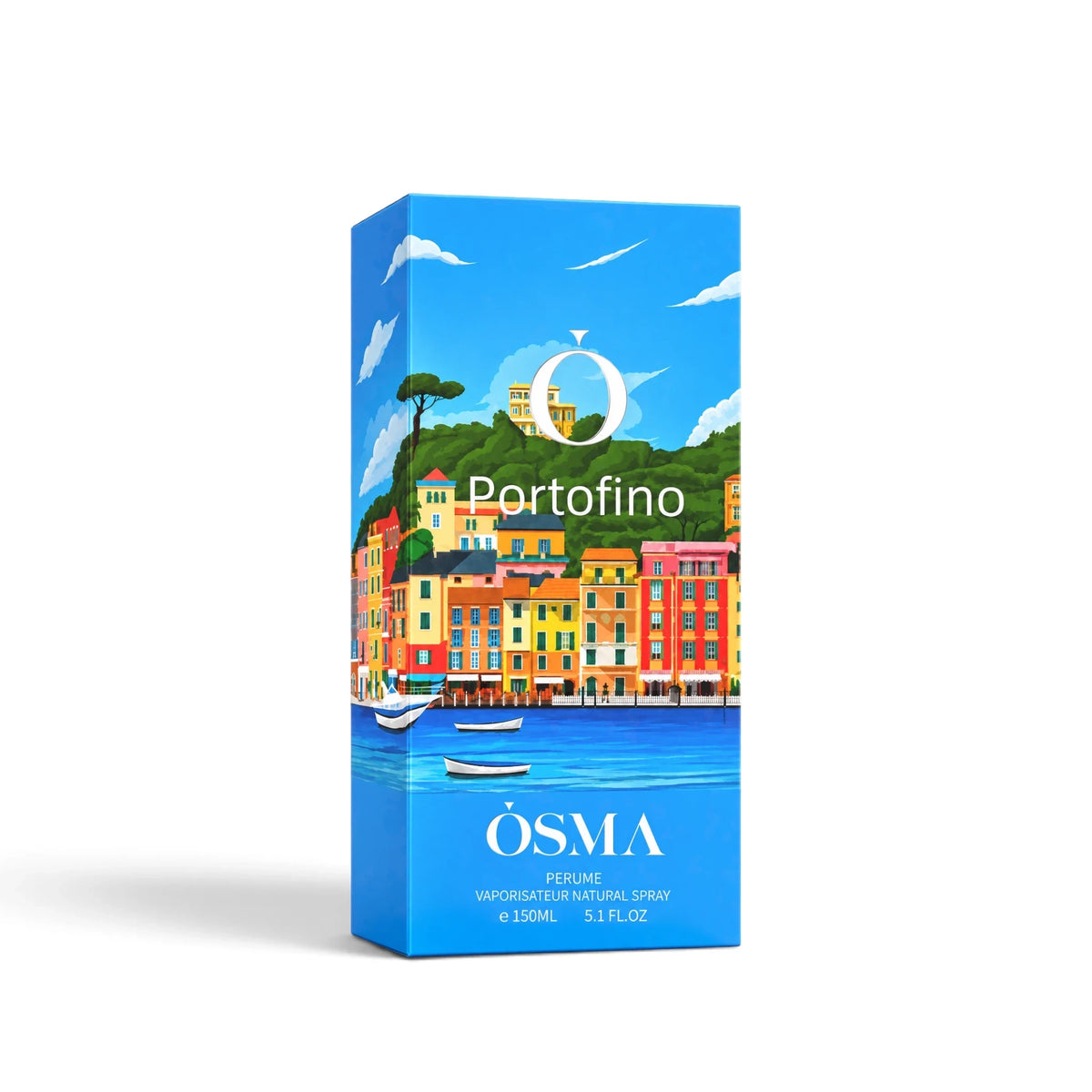 Soghaat Osma Portofino 150ml Eau de Parfum box featuring a vibrant coastal Italian village illustration.