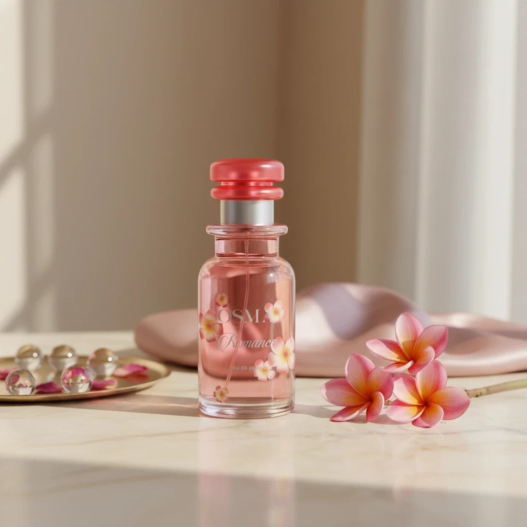 Soghaat Osma Romance Eau de Parfum 150ml, a soft sweet musk fragrance with peach, rose, and floral notes in a clear glass bottle with a pink cap.