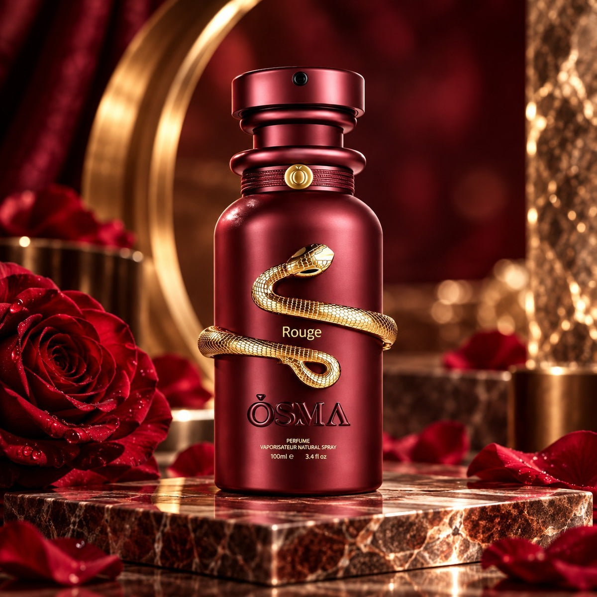 Soghaat Osma Rouge unisex Eau de Parfum in a deep red bottle with a gold snake emblem, surrounded by red roses.