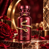 Soghaat Osma Rouge unisex Eau de Parfum in a deep red bottle with a gold snake emblem, surrounded by red roses.