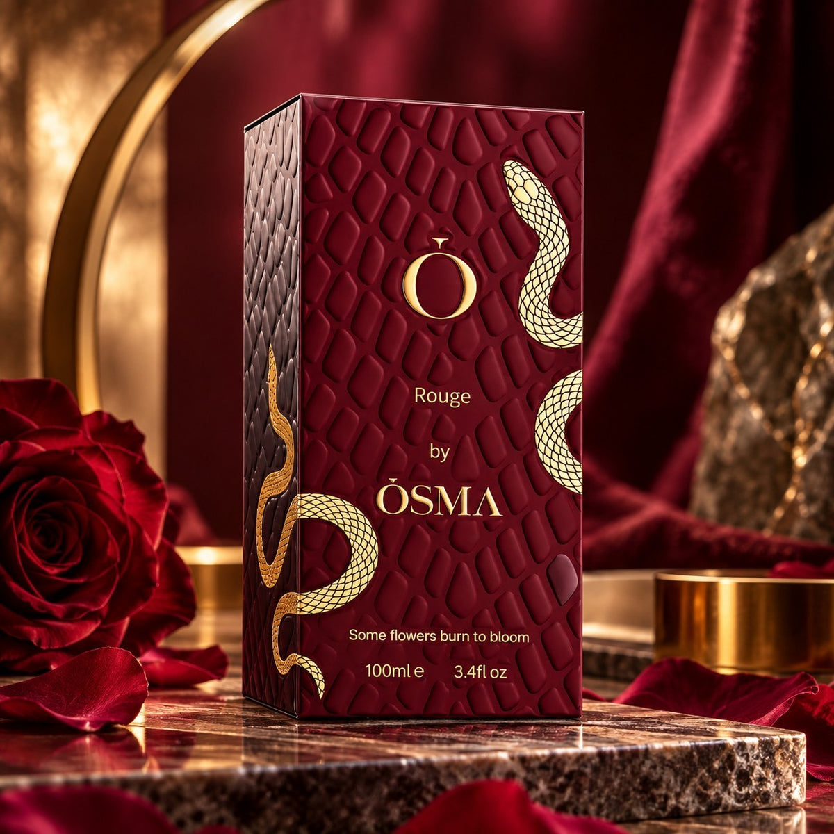 Soghaat Osma Rouge 100ml Eau de Parfum in a textured deep red box with gold snake detailing and rose accents.