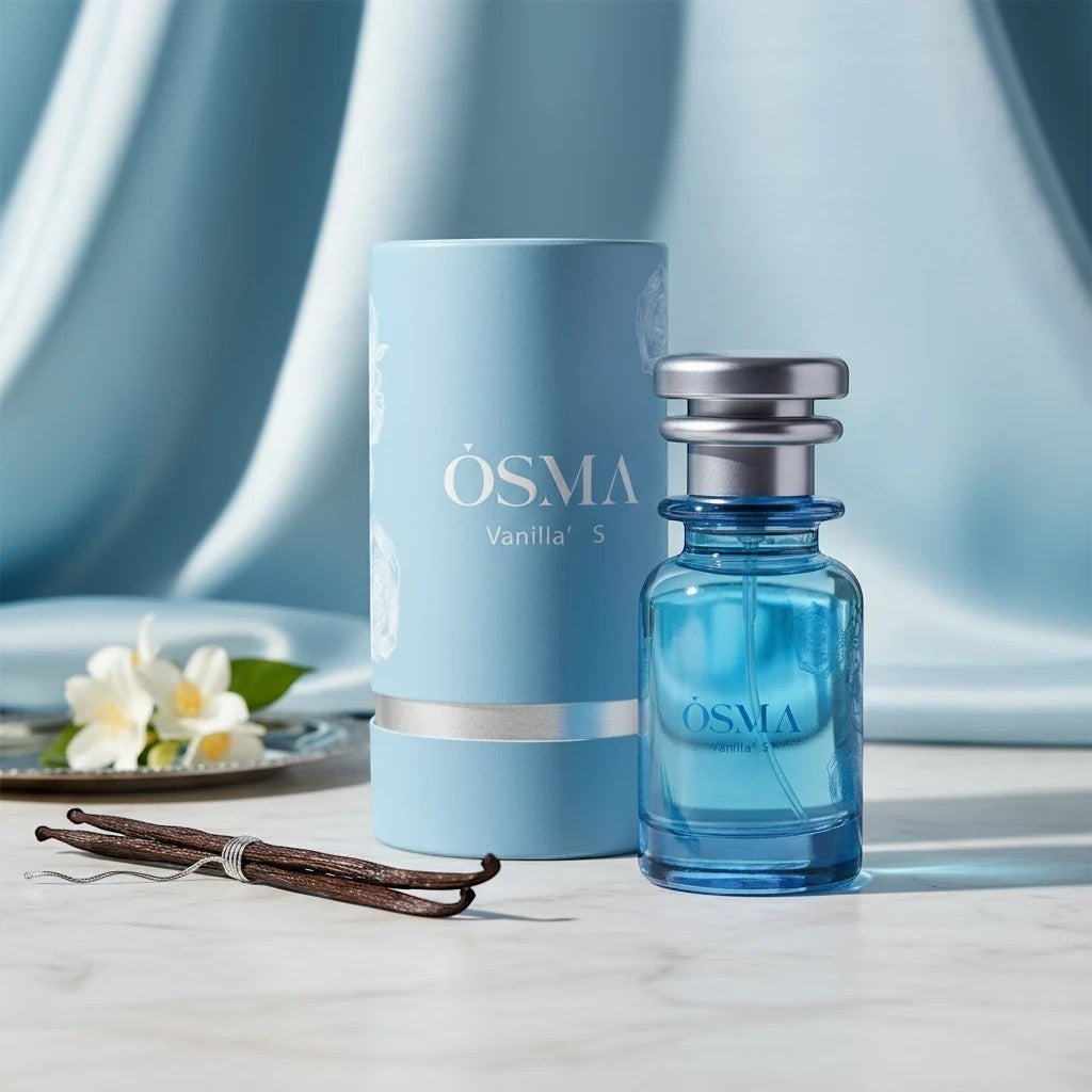 Soghaat Osma Vanilla S Eau de Parfum bottle and packaging with vanilla beans and jasmine flowers.