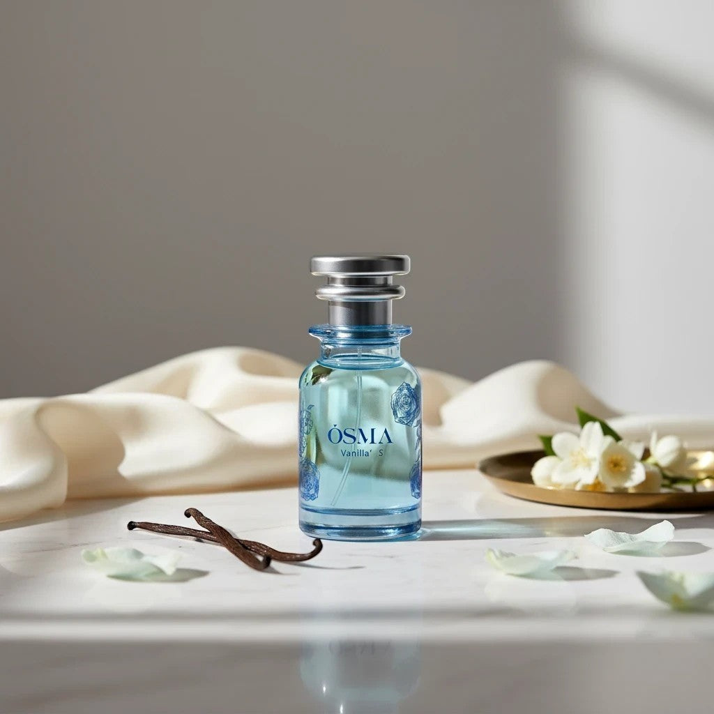 Soghaat Osma Vanilla S Eau de Parfum bottle with blue floral accents, vanilla beans, and white flowers.
