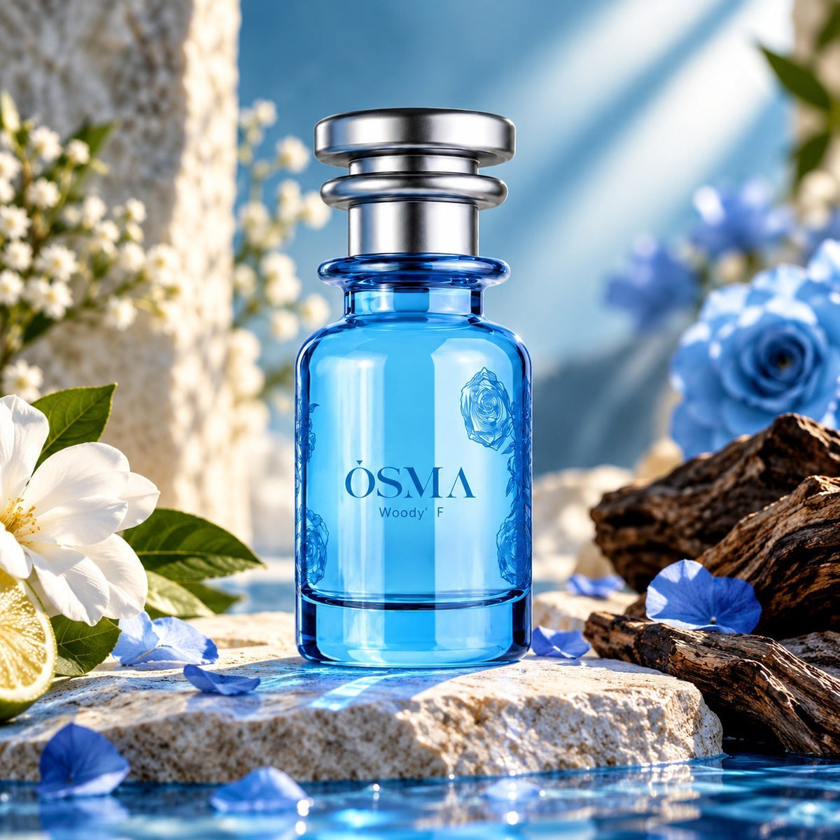 Soghaat Osma Woody F unisex eau de parfum in a blue glass bottle, set on a stone surface with flowers and driftwood.