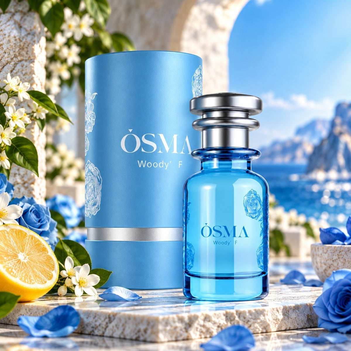 Soghaat Osma Woody F 75ml unisex Eau de Parfum in a blue glass bottle with matching cylindrical packaging