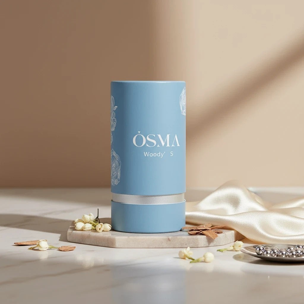 Soghaat Osma Woody S Eau de Parfum in a light blue cylindrical bottle with white floral accents. Notes of mango, leather, and guaiac wood.