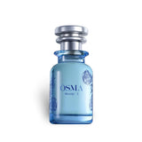 Soghaat Osma Woody S Eau de Parfum, a light blue glass bottle with silver cap, featuring blue floral etchings and the brand name.