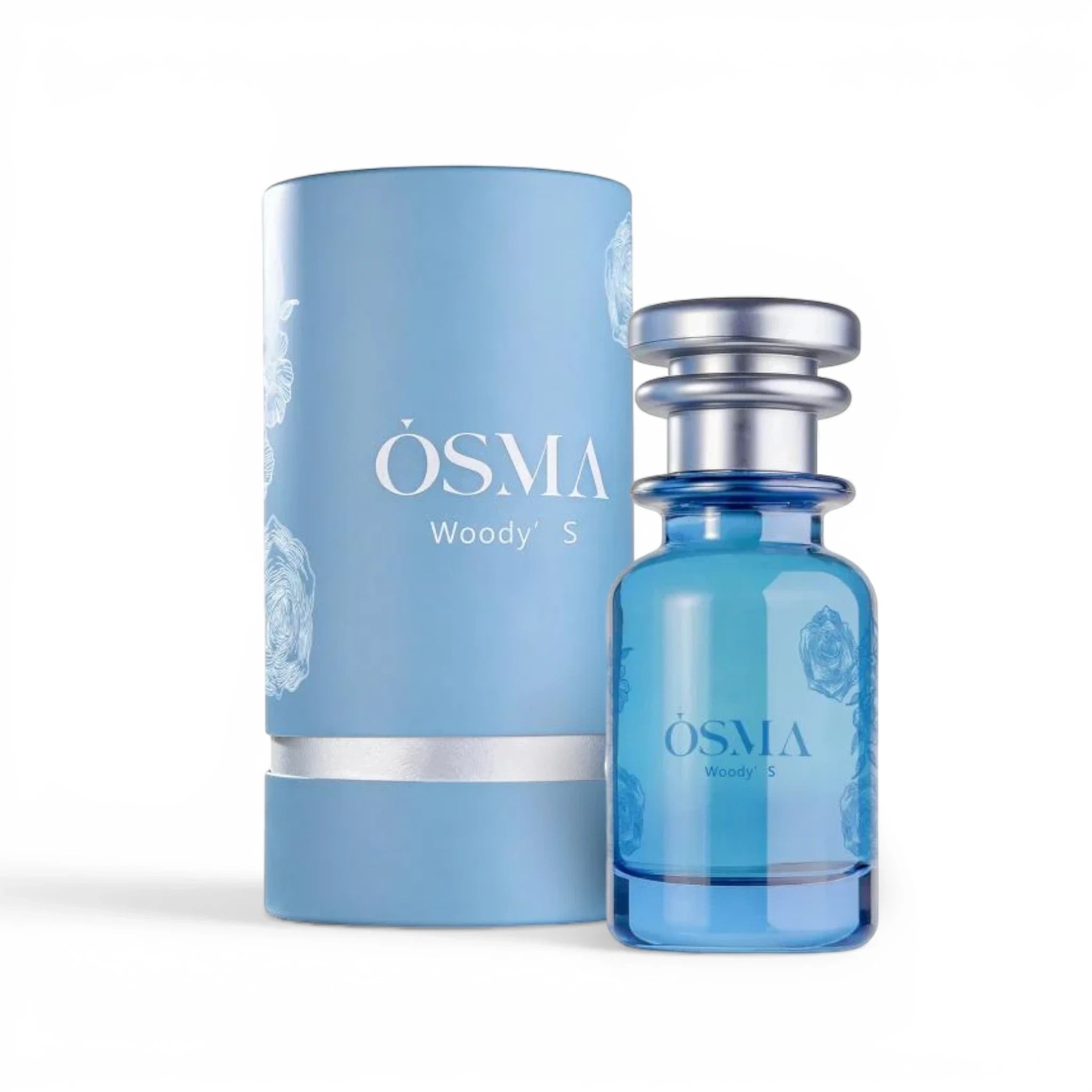 Soghaat Osma Woody S Eau de Parfum bottle and packaging. Blue glass bottle with silver cap and floral etching. Light blue cylindrical box.