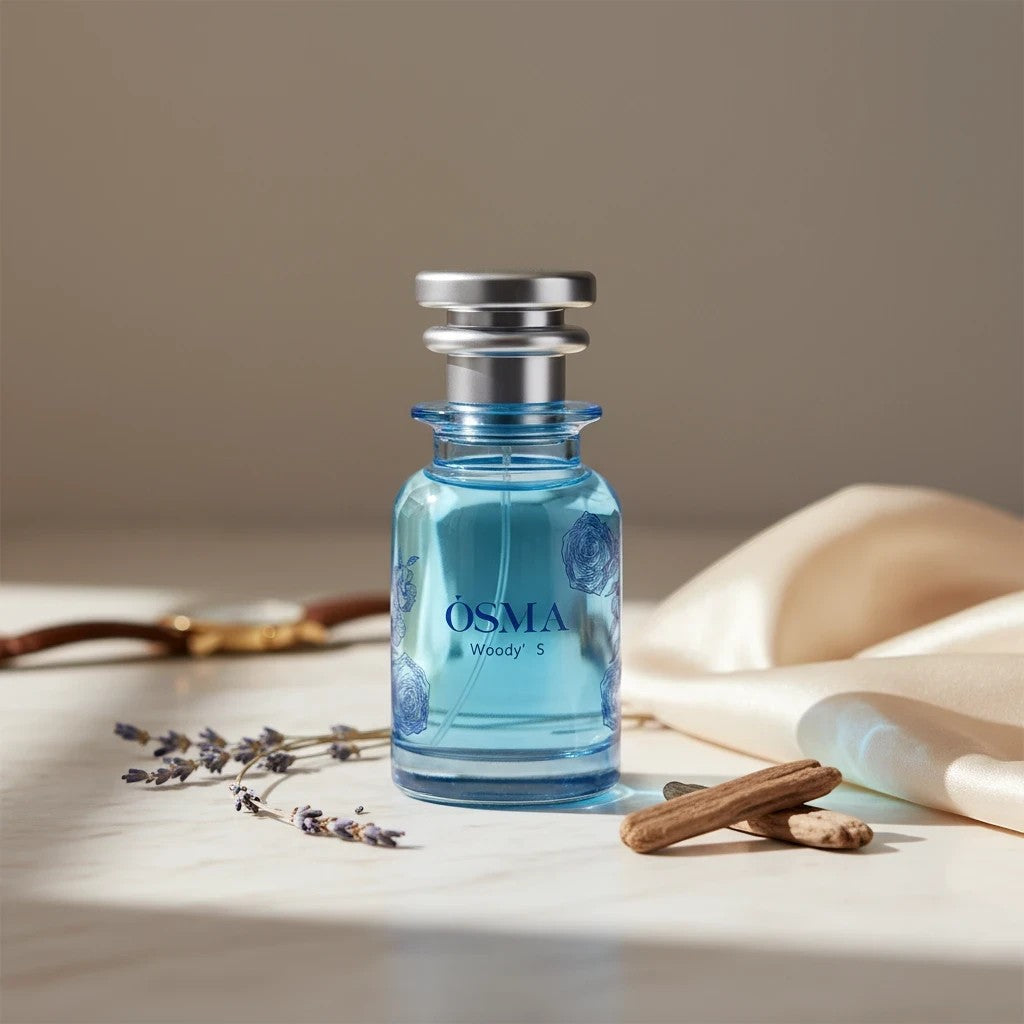 Soghaat Osma Woody S Eau de Parfum, a blue glass bottle with silver cap, featuring floral etching and blue liquid.