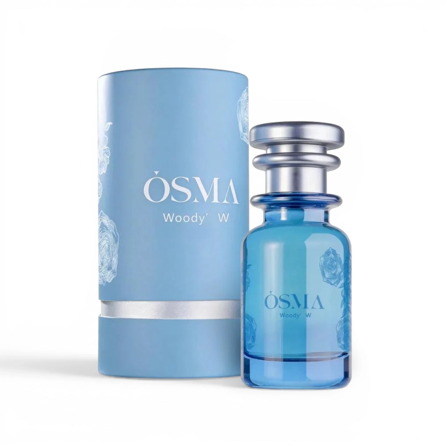 Soghaat Osma Woody W Eau de Parfum bottle and cylindrical box, both light blue with white floral accents. Features a clear blue glass bottle with a silver cap.