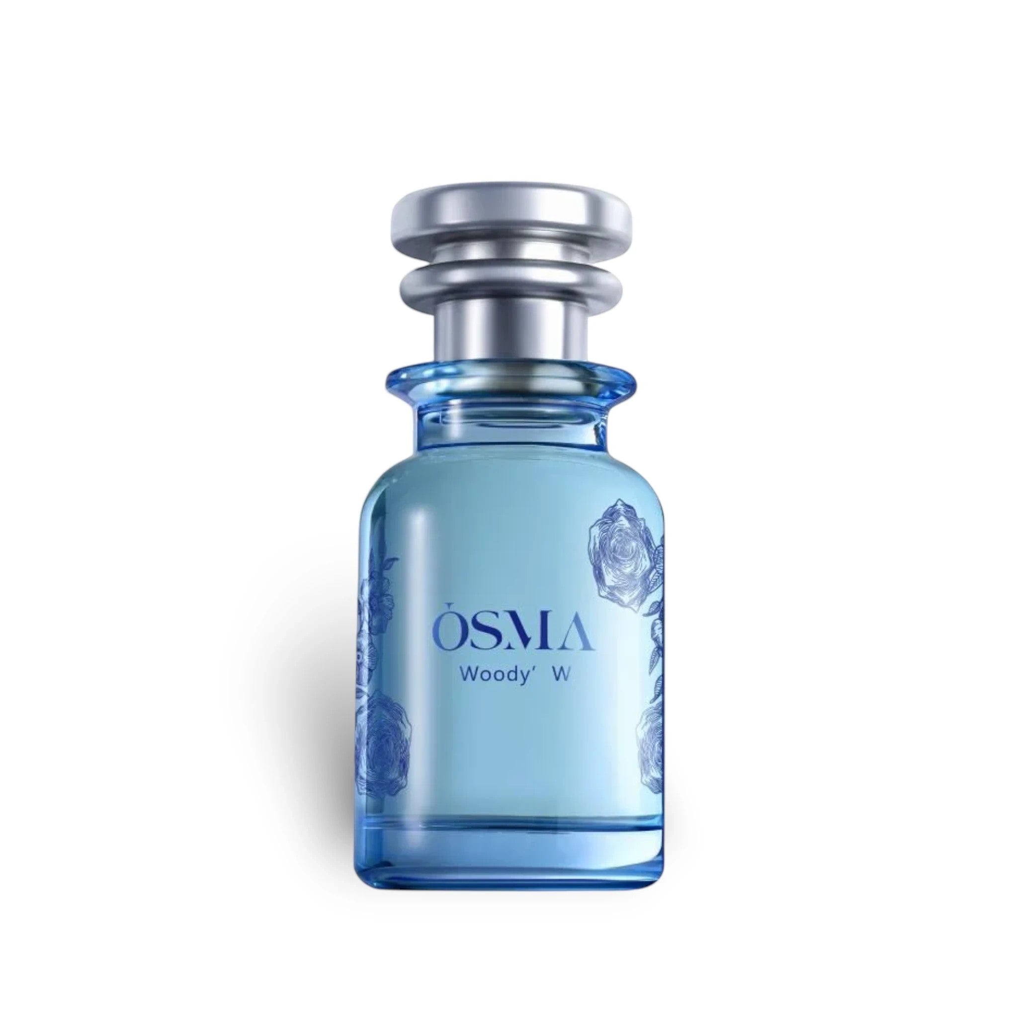 Soghaat Osma Woody W Eau de Parfum, a light blue glass bottle with silver cap, featuring blue floral etchings.