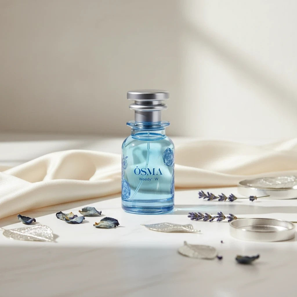 Soghaat Osma Woody W Eau de Parfum, a fresh woody aromatic fragrance with bergamot, maltol, and leather notes in a blue glass bottle.