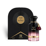 Soghaat Ahmed Al Maghribi Oud & Roses Eau de Parfum in a black and pink gradient bottle with a decorative tassel.