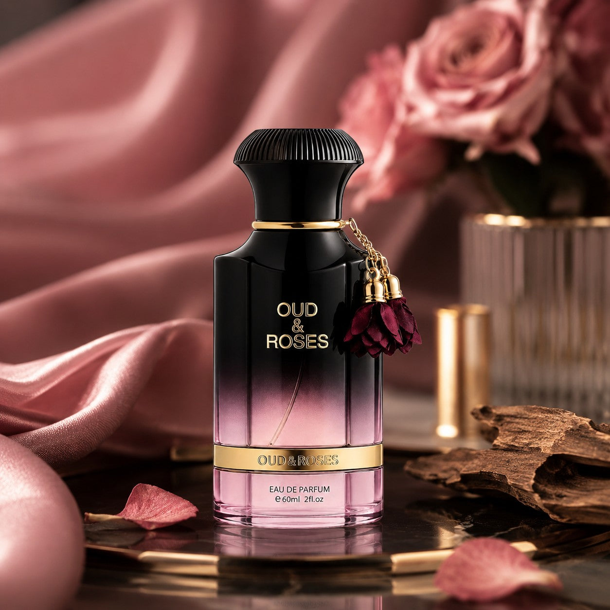 Soghaat Ahmed Al Maghribi Oud & Roses Eau de Parfum bottle with black to pink gradient, gold accents, and rose petals.