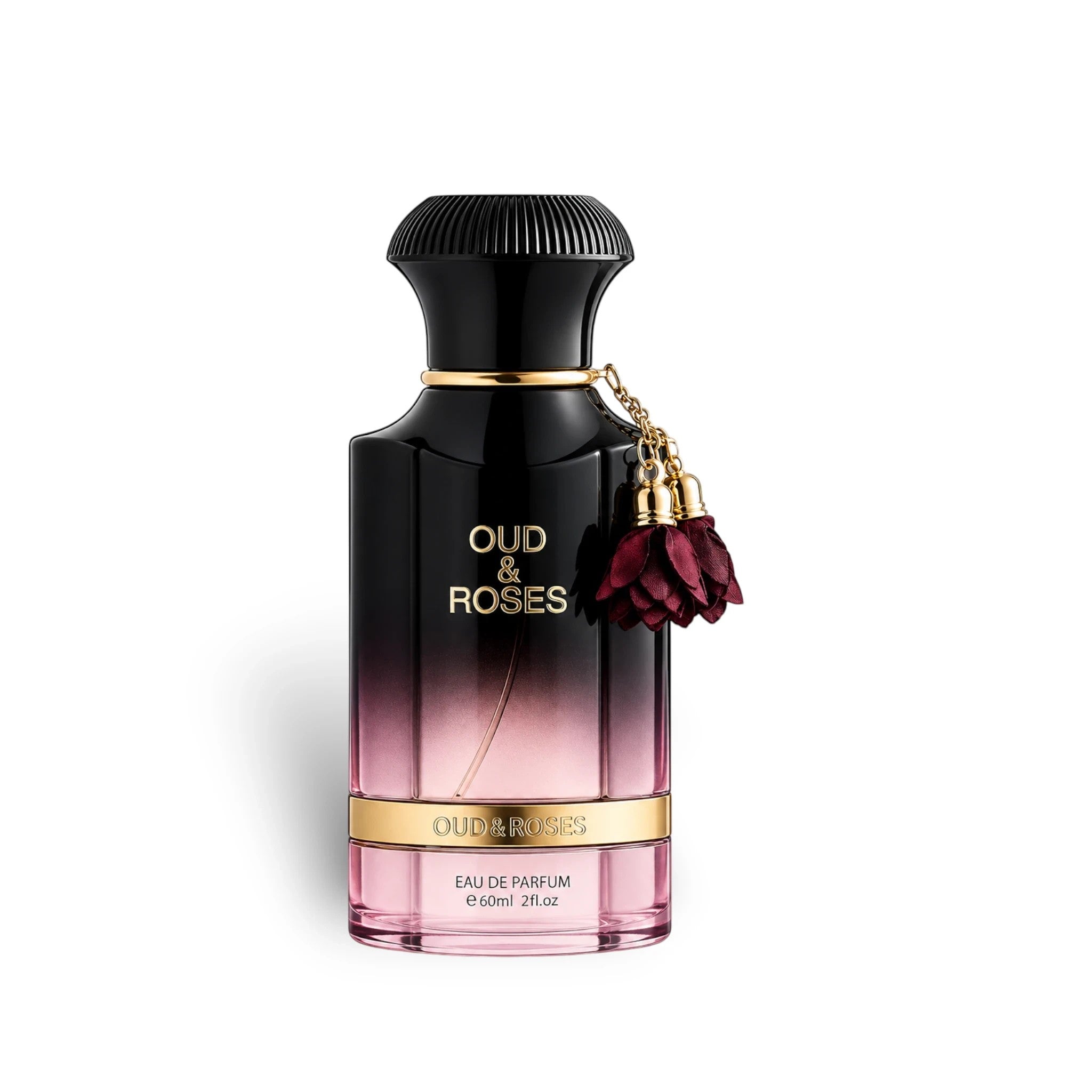 Soghaat Ahmed Al Maghribi Oud & Roses Eau de Parfum in a black and pink ombre bottle with a decorative tassel charm.
