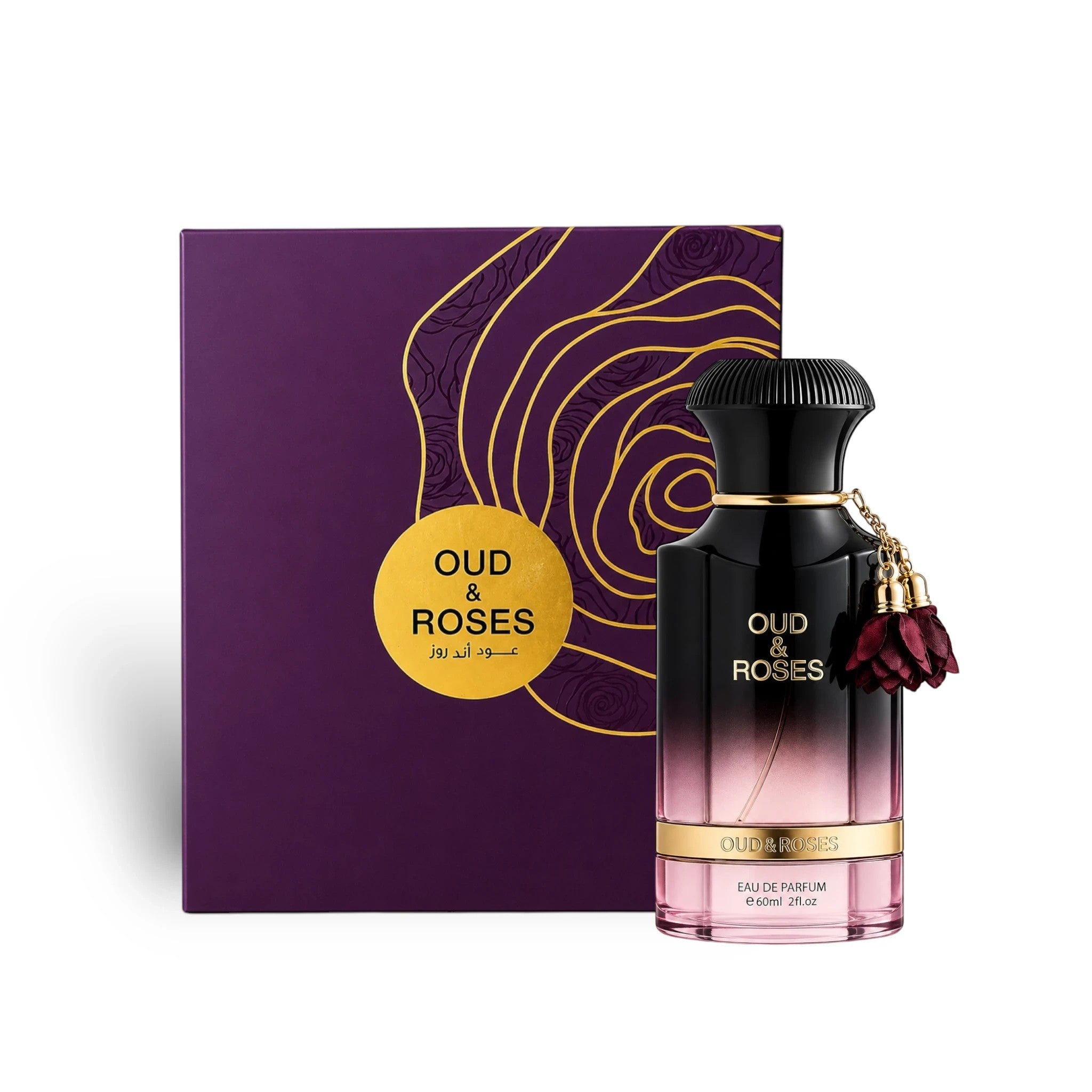 Soghaat Ahmed Al Maghribi Oud & Roses Eau de Parfum in a black and pink bottle with a matching purple gift box.