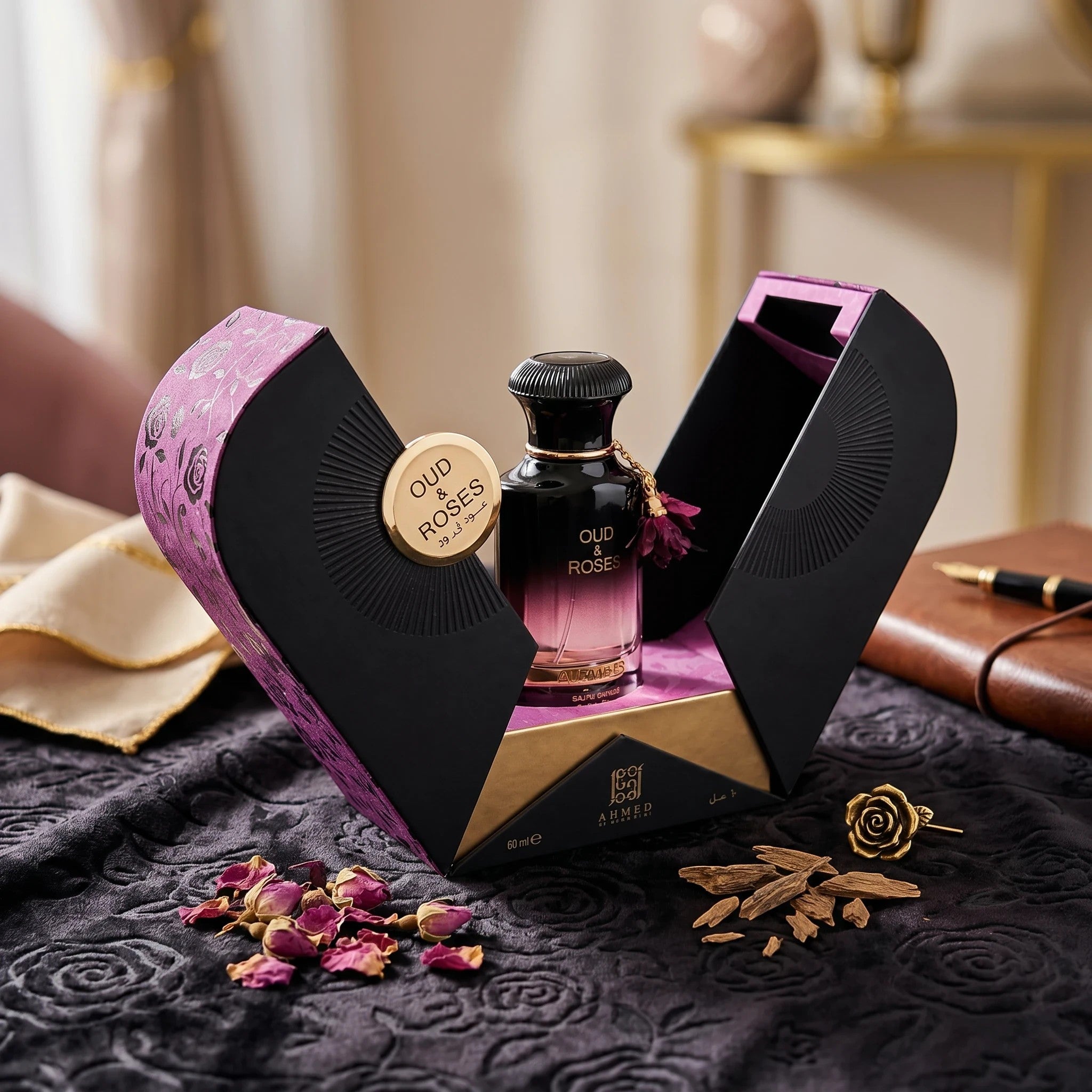 Soghaat Ahmed Al Maghribi Oud & Roses 60ml Eau de Parfum in a decorative purple and black gift box with rose petals.