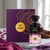 Soghaat Ahmed Al Maghribi Oud & Roses Eau de Parfum bottle with a purple box, featuring floral and woody accents.