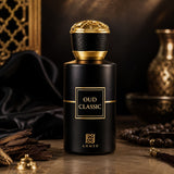 Soghaat Ahmed Al Maghribi Oud Classic 50ml Eau de Parfum in a matte black bottle with gold accents and ornate cap.