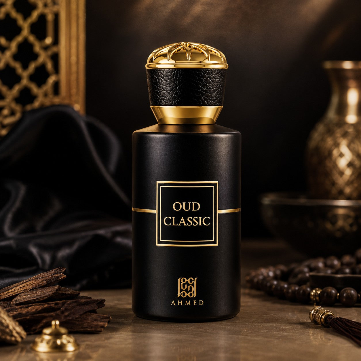 Soghaat Ahmed Al Maghribi Oud Classic 50ml Eau de Parfum in a matte black bottle with gold accents and ornate cap.