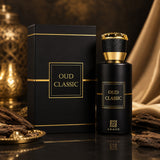 Soghaat Oud Classic Eau de Parfum bottle and box in black and gold, featuring amber oud woody notes.