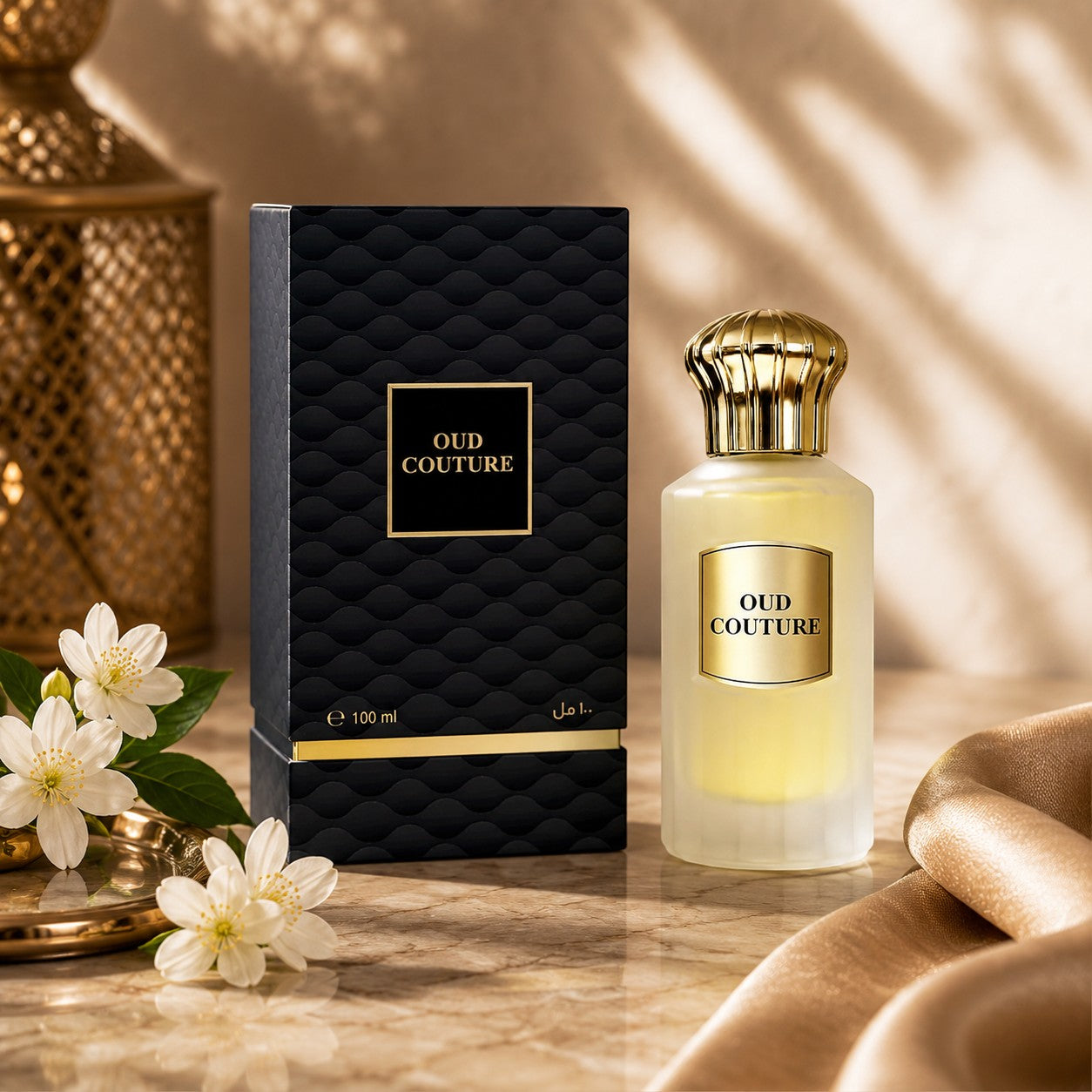 Soghaat Oud Couture 100ml Extrait de Parfum bottle and box, featuring peach, berry, and floral notes.