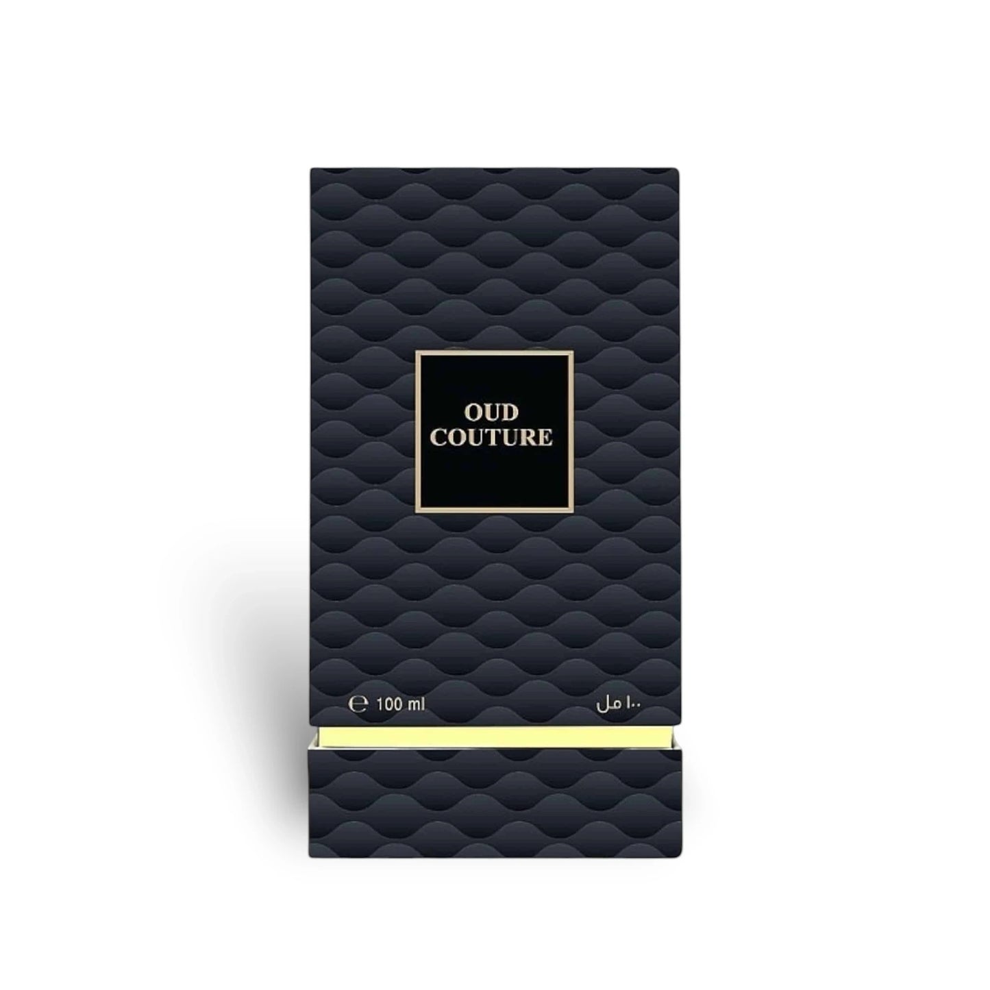 Ahmed Al Maghribi Oud Couture Extrait de Parfum 100ml bottle with a textured black design and gold accents.