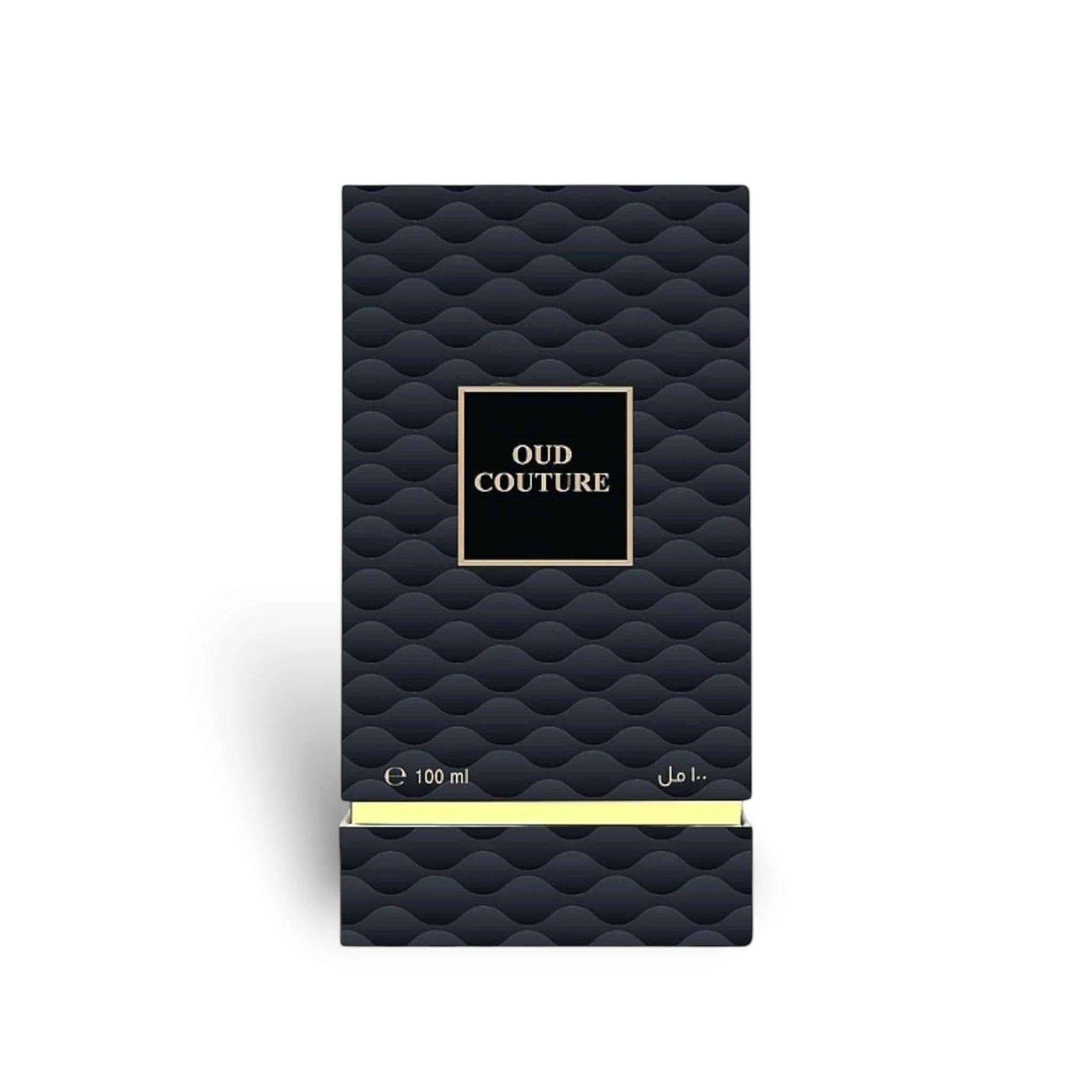 Ahmed Al Maghribi Oud Couture Extrait de Parfum 100ml bottle with a textured black design and gold accents.