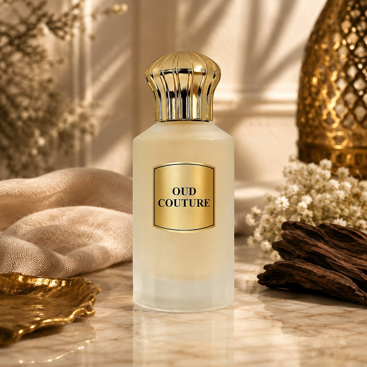 Ahmed Al Maghribi Oud Couture Extrait de Parfum bottle with gold cap, featuring peach, berry, and floral notes.