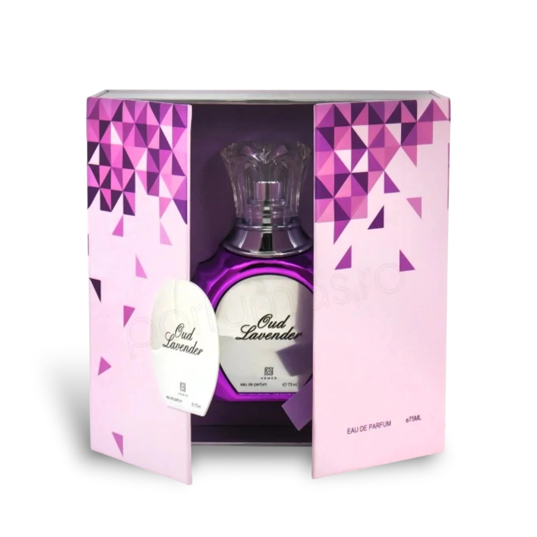Soghaat Oud Lavender 75ml Extrait de Parfum bottle in a pink and purple geometric box. Unisex woody aromatic fragrance.