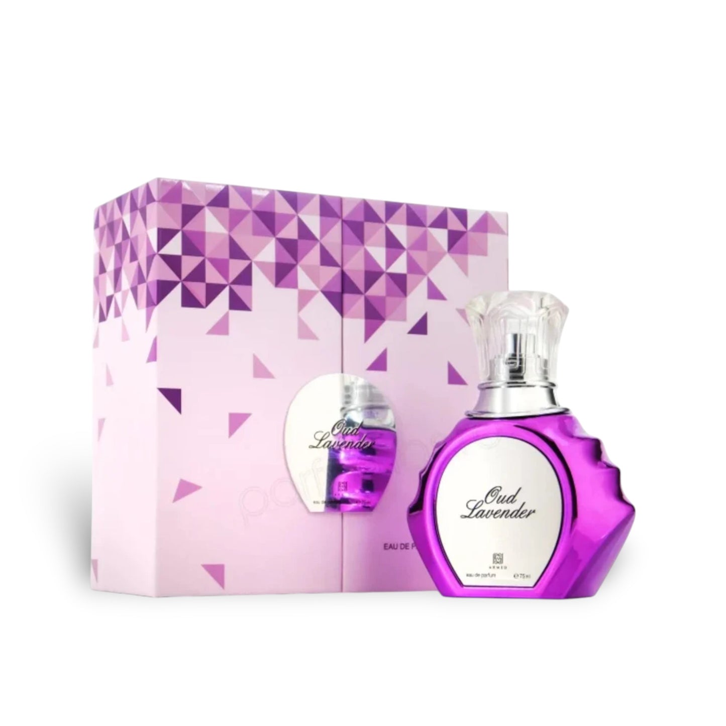 Ahmed Al Maghribi Oud Lavender 75ml Extrait de Parfum bottle and box. Metallic purple bottle with clear cap.