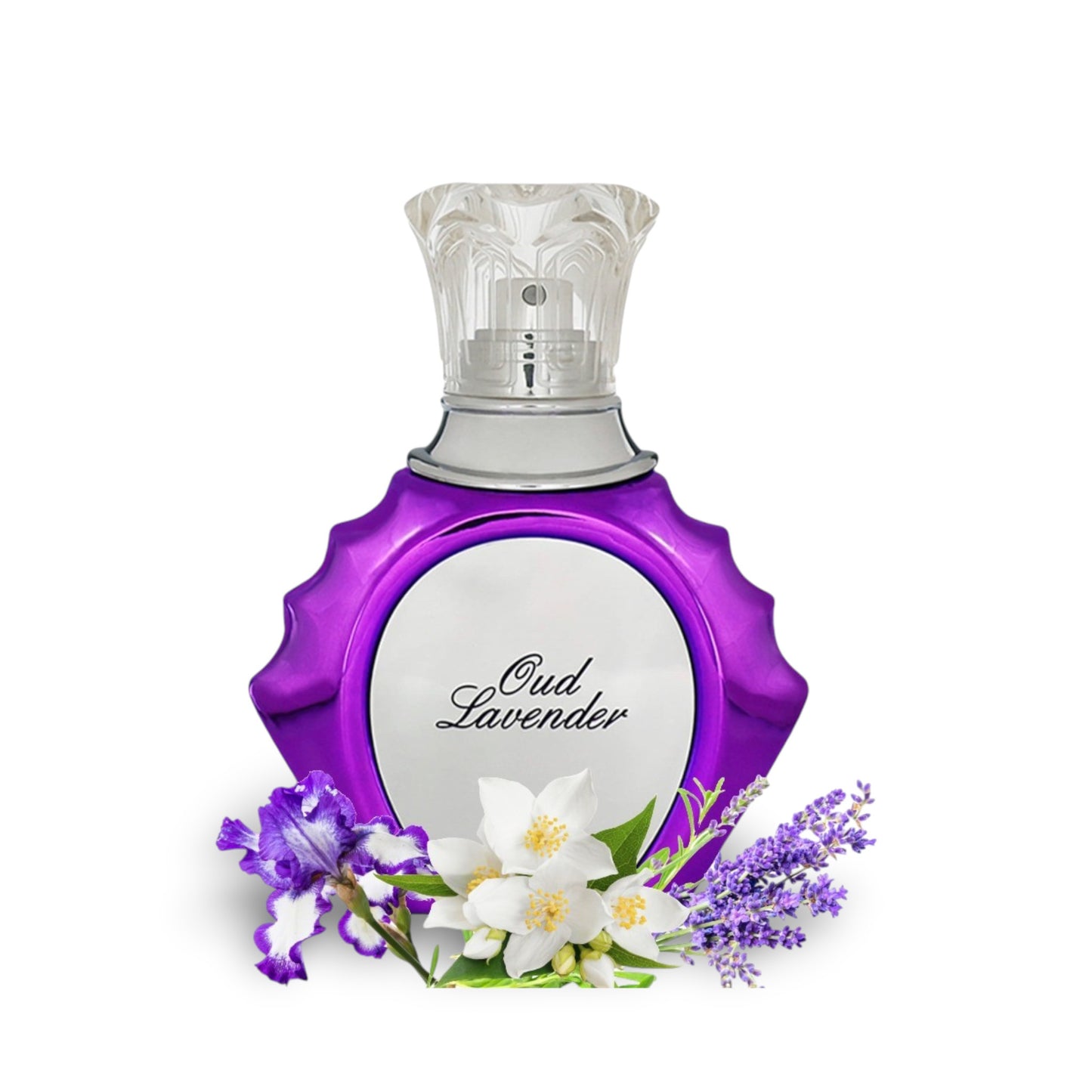 Ahmed Al Maghribi Oud Lavender Extrait de Parfum bottle with iris, jasmine, and lavender flowers.