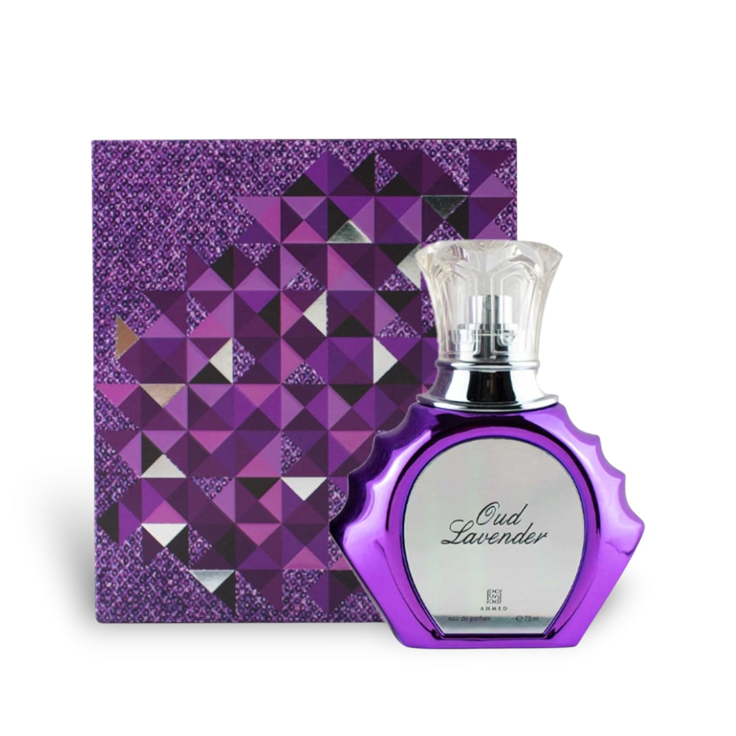 Soghaat Oud Lavender 75ml Extrait de Parfum bottle and box. Purple geometric pattern on box. Purple bottle with silver label.