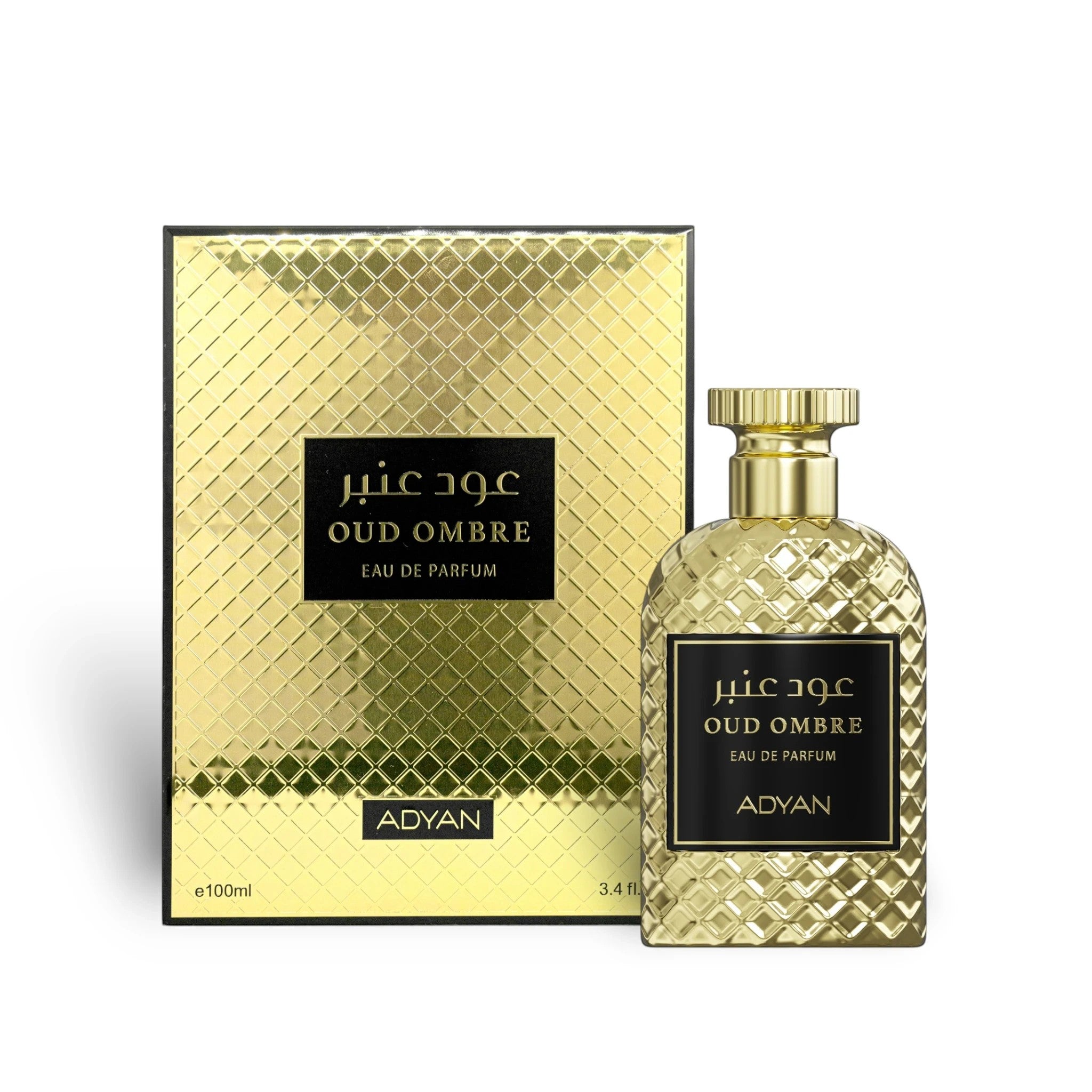 Soghaat Oud Ombre by Adyan Anfar 100ml Eau de Parfum bottle and gold textured box, a woody spicy Arabian fragrance.