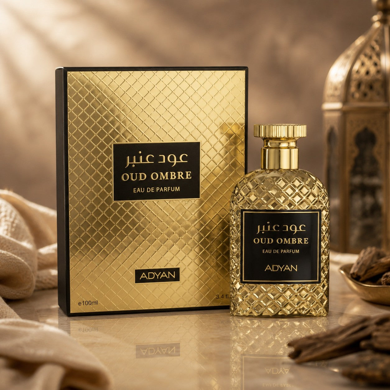 Soghaat Oud Ombre by Adyan Anfar 100ml Eau de Parfum in a gold textured bottle and matching luxury gift box.