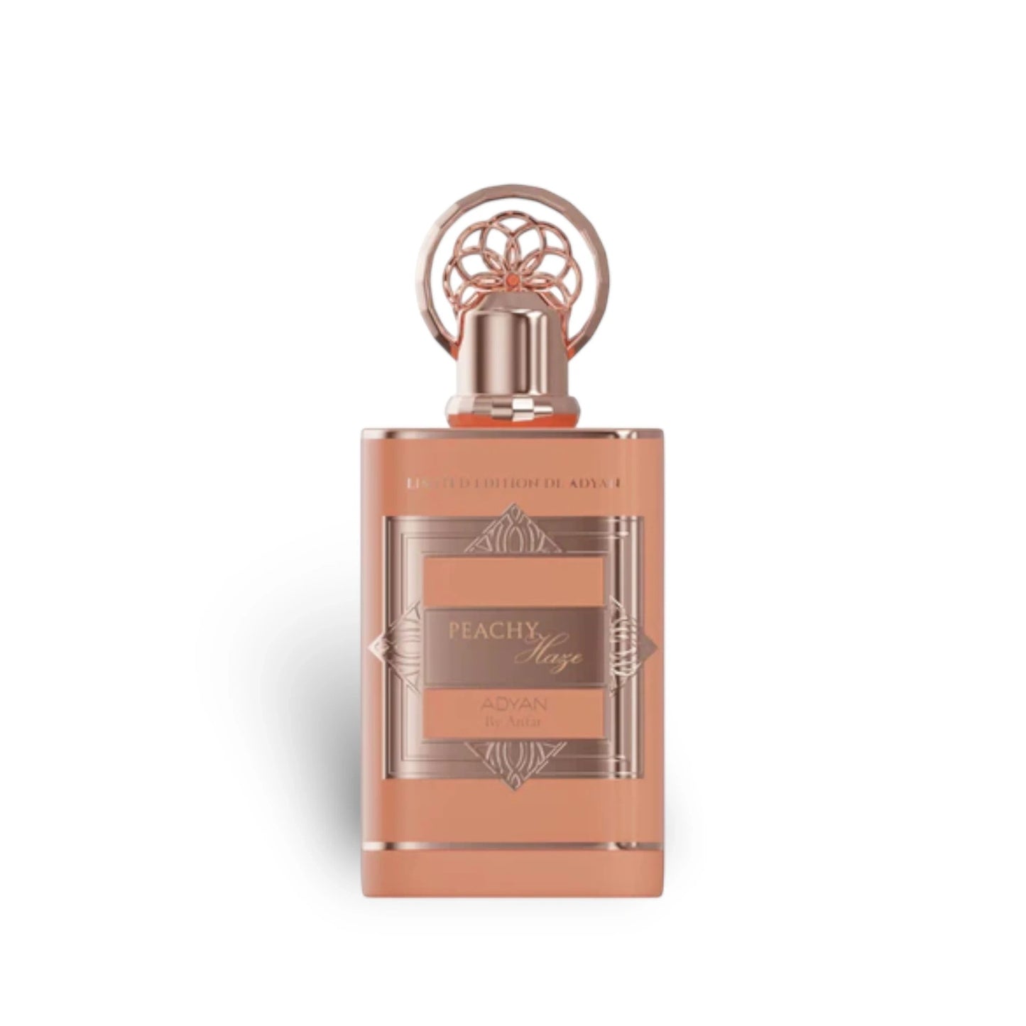 Soghaat Peachy Haze by Adyan Anfar 100ml Extrait de Parfum in a peach-coloured glass bottle with rose gold accents.