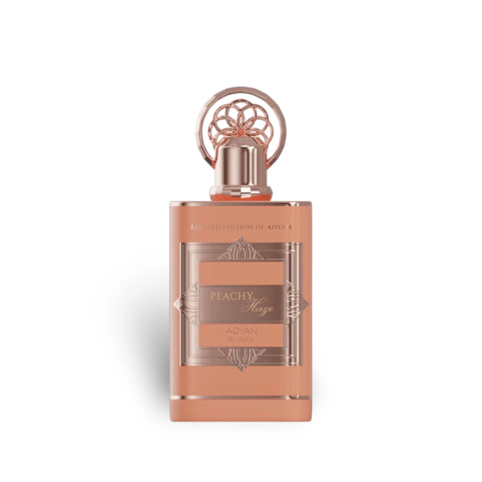 Soghaat Peachy Haze by Adyan Anfar 100ml Extrait de Parfum in a peach-coloured glass bottle with rose gold accents.