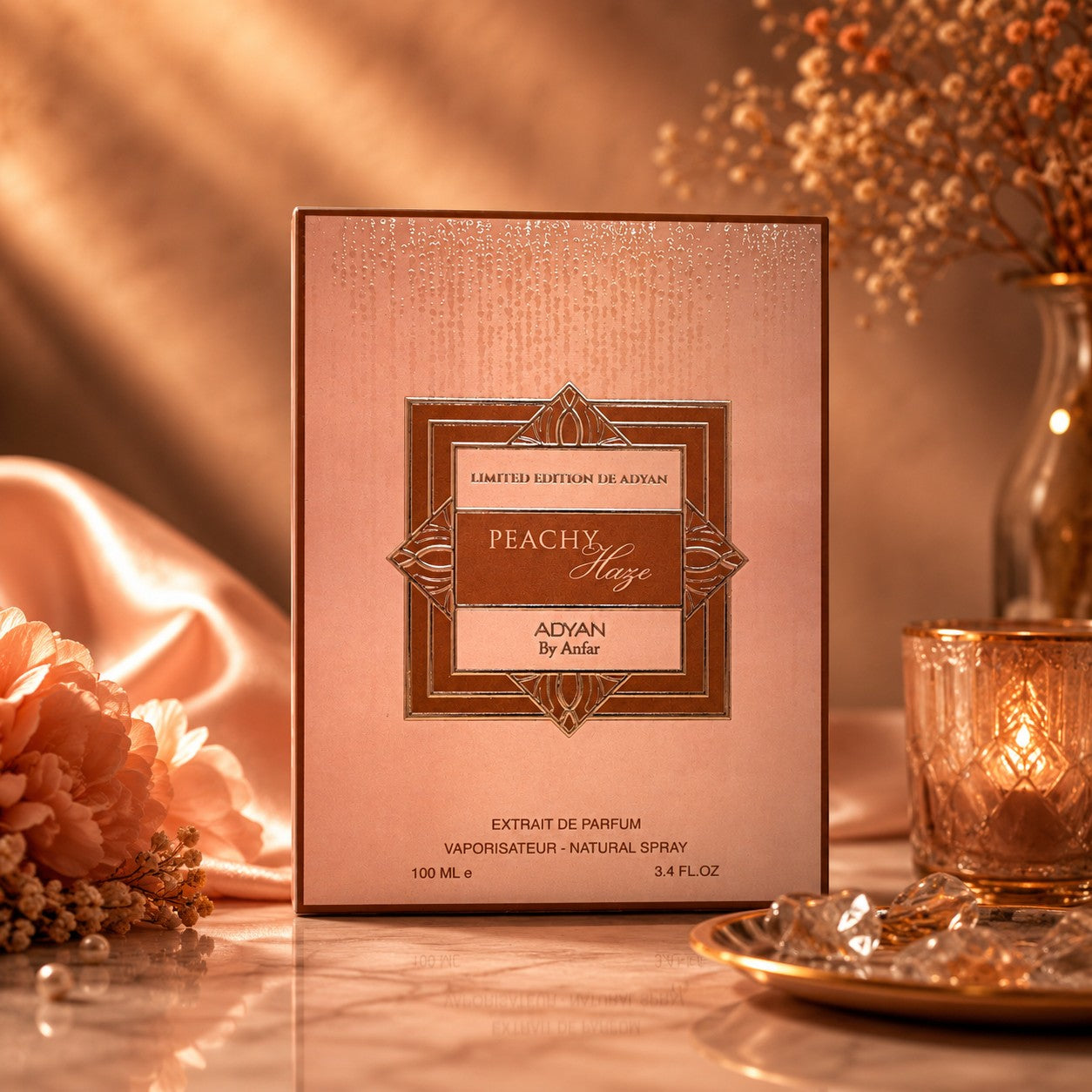 Soghaat Peachy Haze by Adyan Anfar Extrait de Parfum perfume box in a warm, elegant, and soft-lit setting.