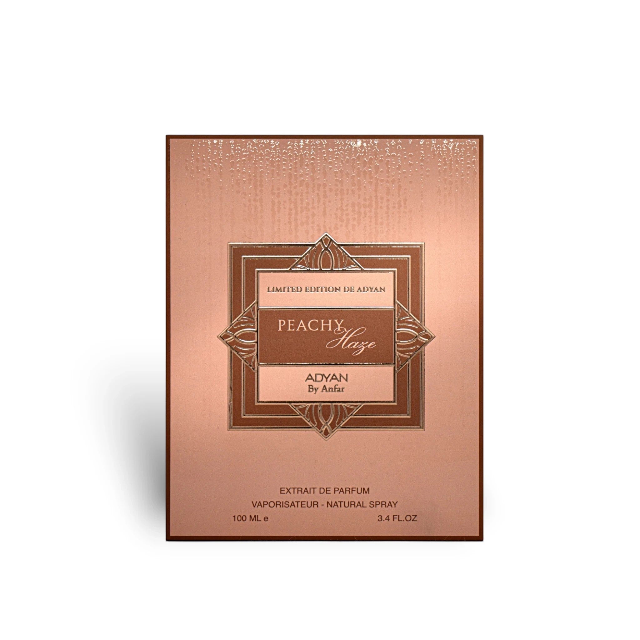 Soghaat Peachy Haze by Adyan Anfar 100ml Extrait de Parfum box in a metallic rose gold finish with elegant detailing.