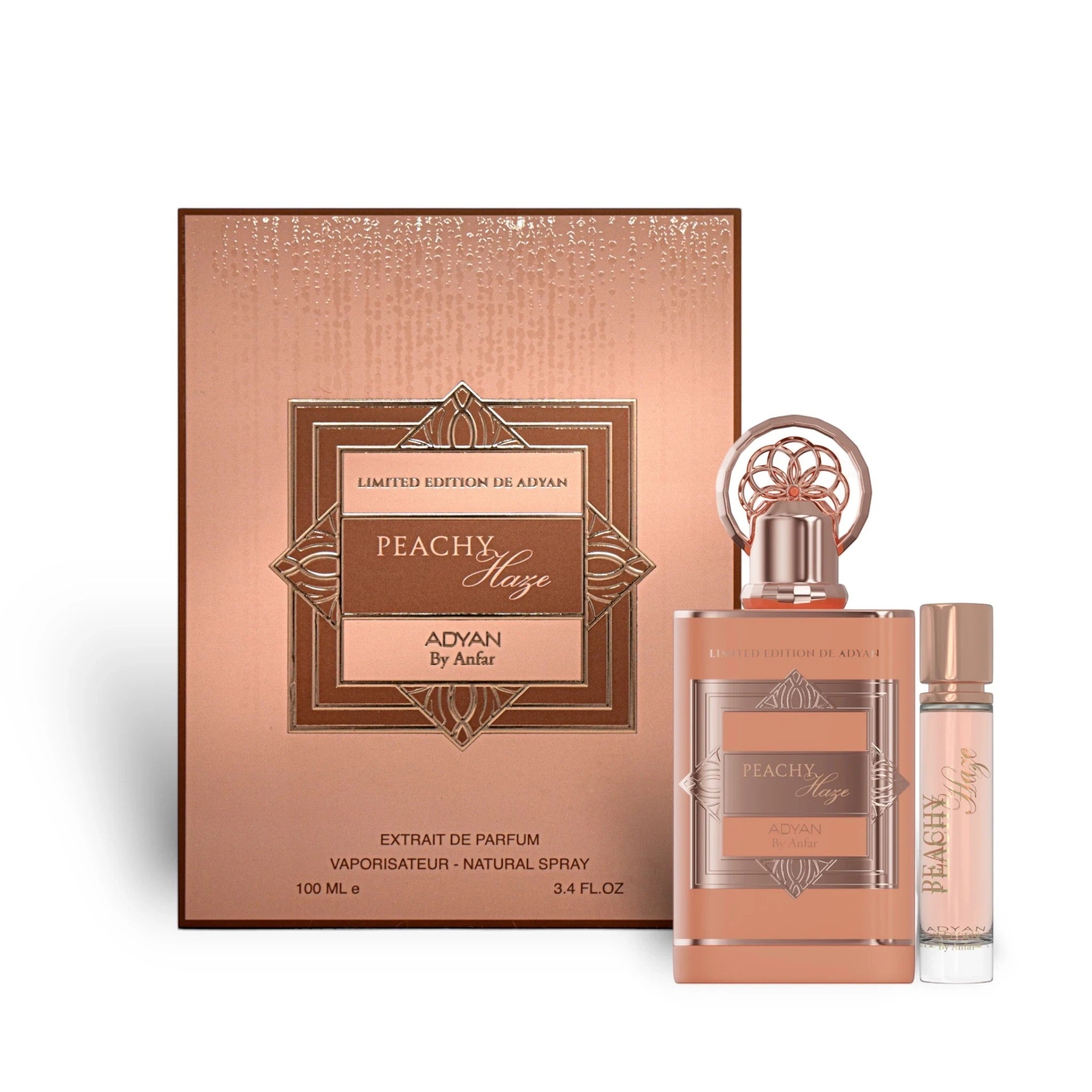 Soghaat Peachy Haze Extrait de Parfum by Adyan Anfar with a 100ml bottle, matching box, and travel spray in rose gold.