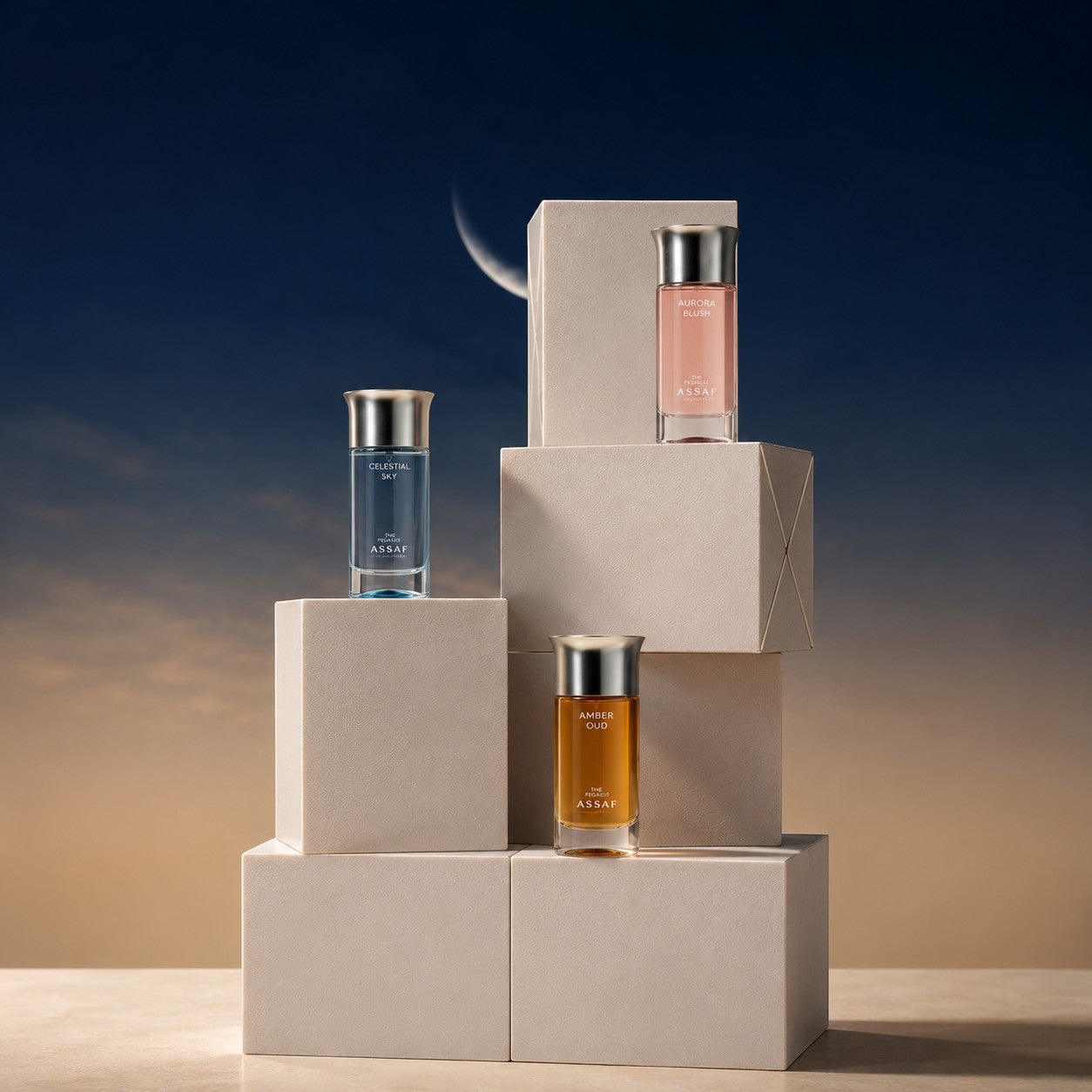 Soghaat Pegasus Collection Gift Set with three 100ml Eau de Parfum bottles: Celestial Sky (blue), Amber Oud (amber), and Aurora Blush (pink).