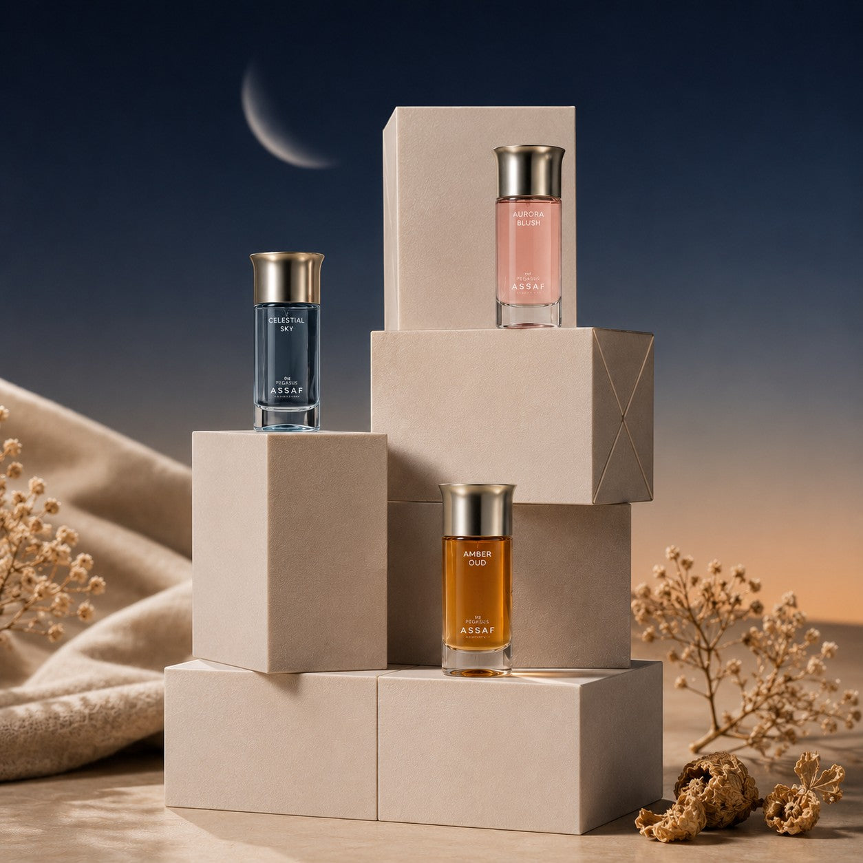 Soghaat Pegasus Collection Gift Set with three 100ml Eau de Parfum bottles: Celestial Sky (blue), Amber Oud (amber), and Aurora Blush (pink).