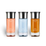 Soghaat Pegasus Collection Gift Set with three 100ml Eau de Parfum bottles: Wild (peach), Proino (blue), and Bakhur (amber).