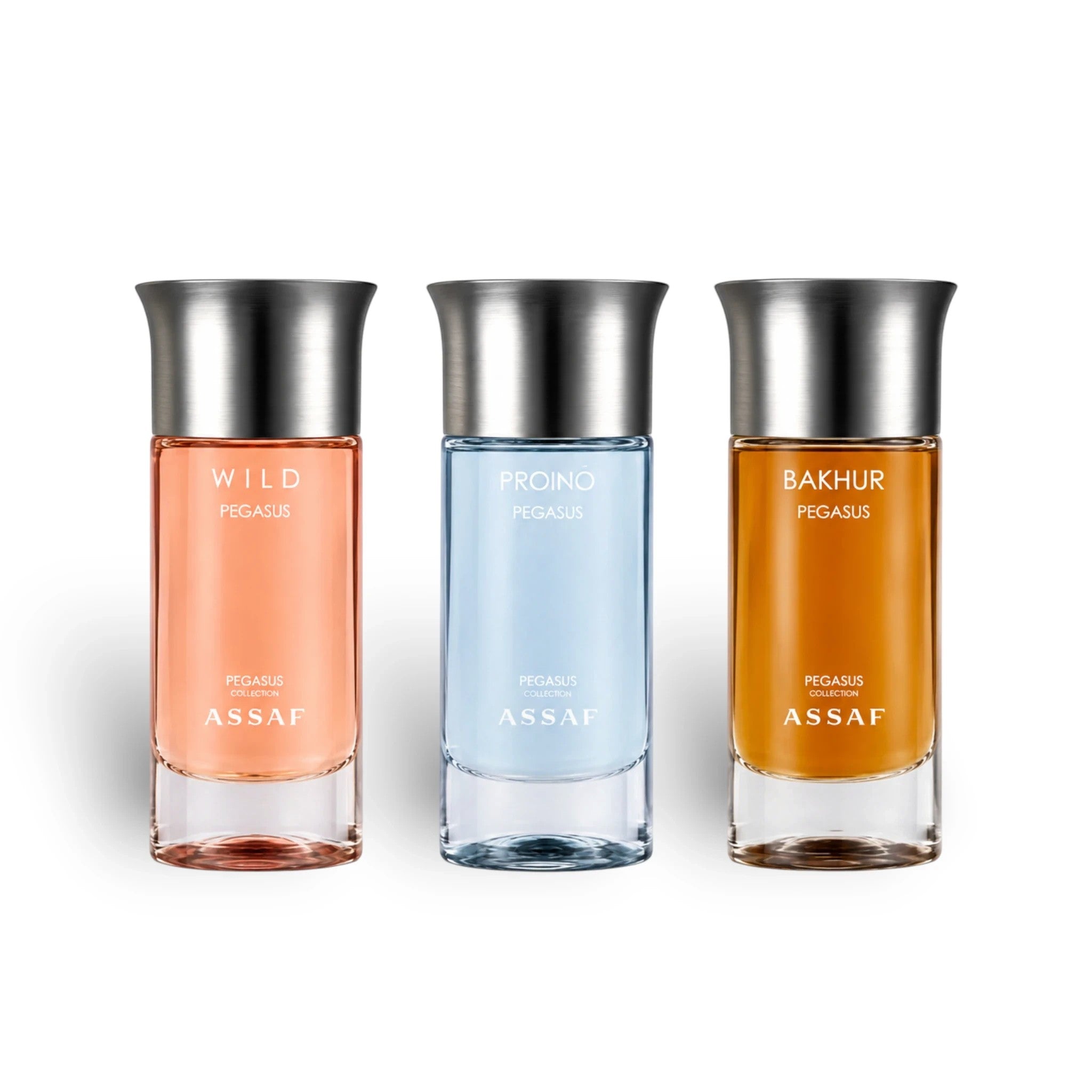 Soghaat Pegasus Collection Gift Set with three 100ml Eau de Parfum bottles: Wild (peach), Proino (blue), and Bakhur (amber).