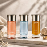Soghaat Pegasus Collection Gift Set with three 100ml Eau de Parfum bottles: Wild (peach), Proino (blue), and Bakhur (amber).
