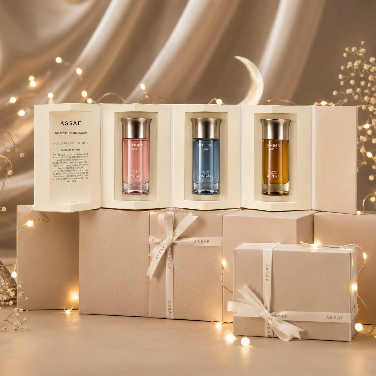 Soghaat Pegasus Collection Gift Set with three 100ml Eau de Parfum bottles: pink Aurora Blush, blue Celestial Sky, and amber Amber Oud.