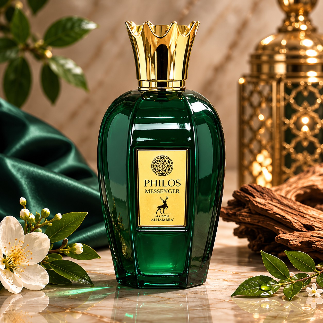 Soghaat Philos Messenger 100ml Eau de Parfum, a unisex fresh woody aromatic fragrance in a green glass bottle with gold accents.