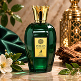 Soghaat Philos Messenger 100ml Eau de Parfum, a unisex fresh woody aromatic fragrance in a green glass bottle with gold accents.
